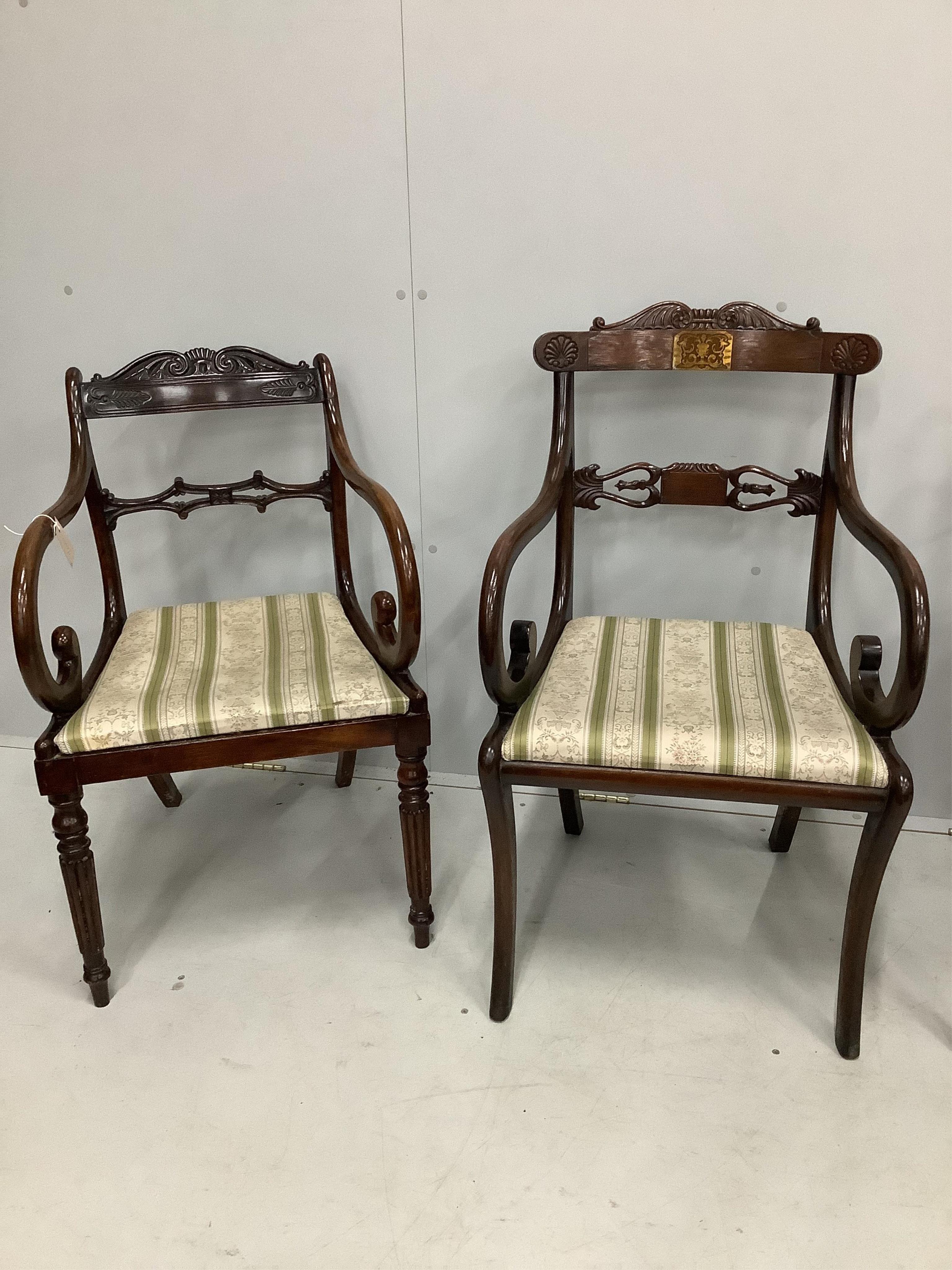 Two Regency mahogany and rosewood elbow chairs together with two Regency ebonised dining chairs. Condition - fair